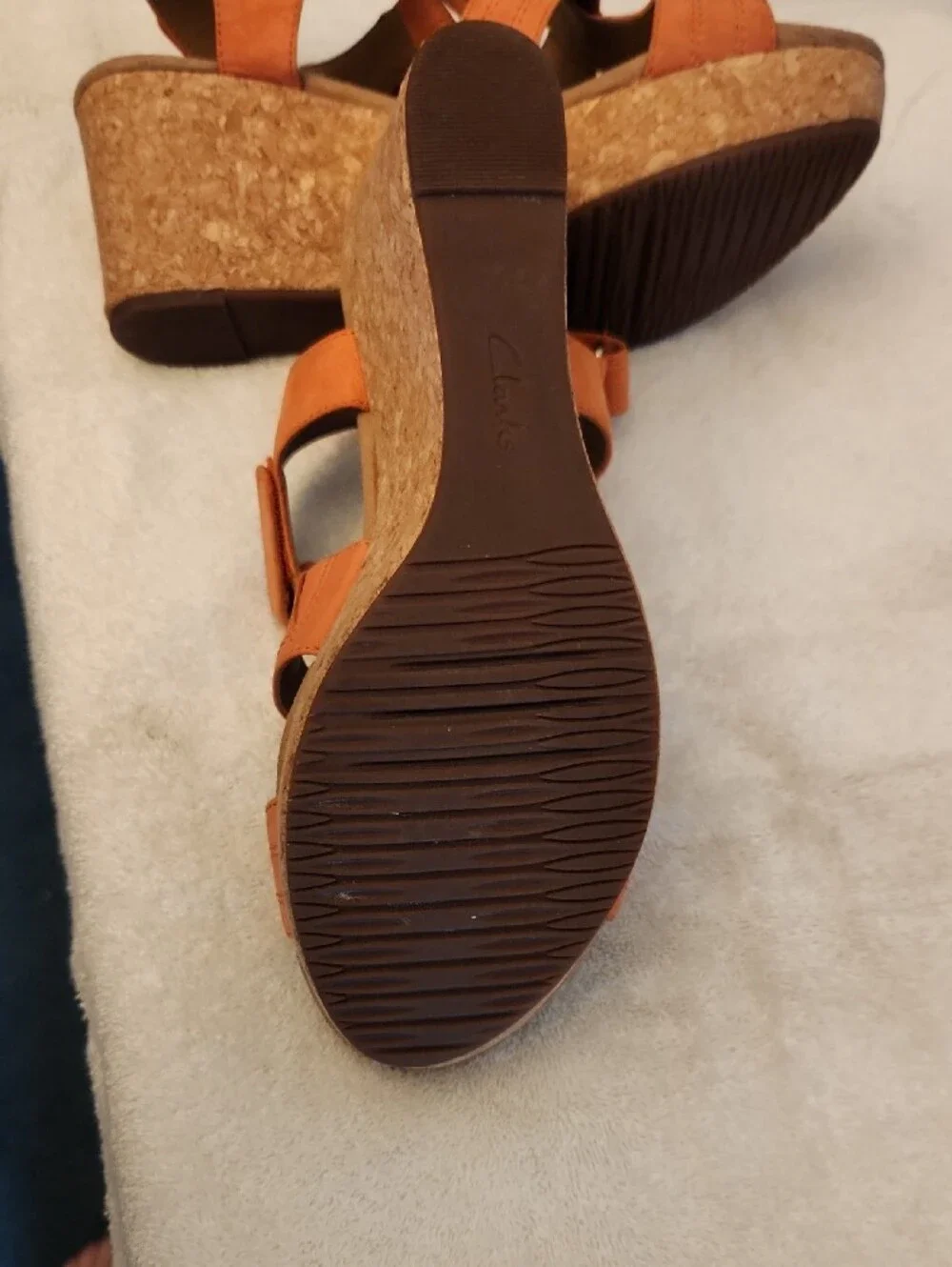 Clarks Women's Orange Cork Wedge Sandals, size 7.5